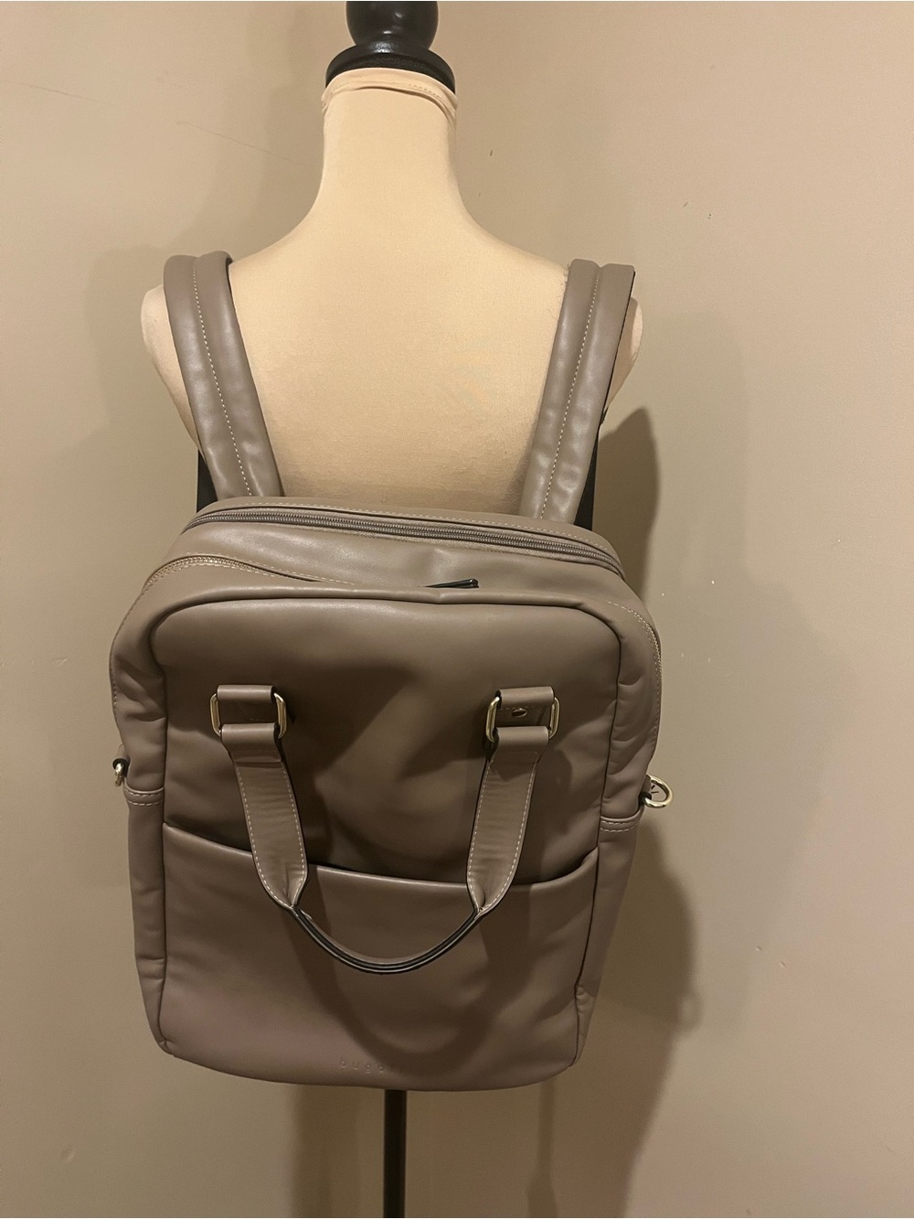 Like New Bugatti Taupe Faux-Leather Convertible Backpack Messenger